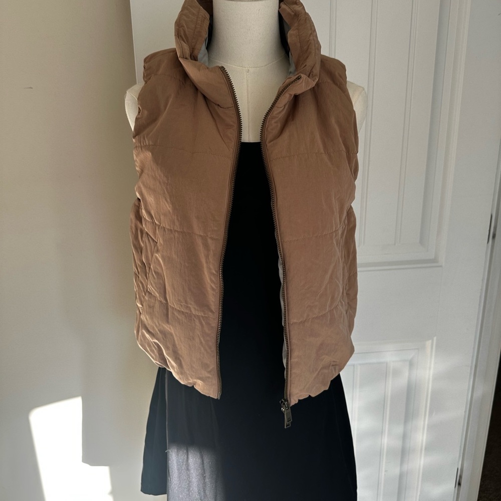 Reiss Tan Quilted Puffer Vest with Stand-Up Collar